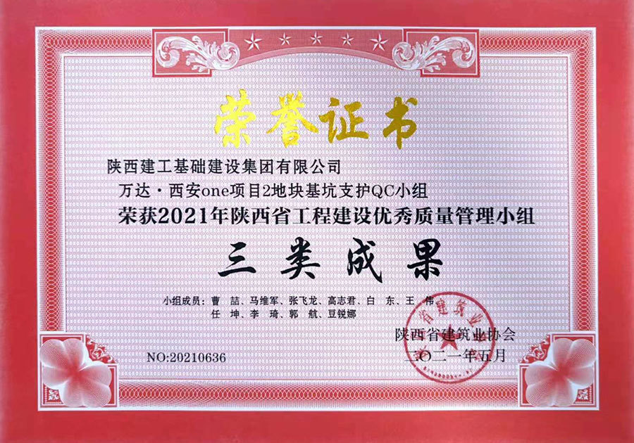三等獎（萬達·西安(ān)one項目2地塊基坑支護QC小(xiǎo)組）